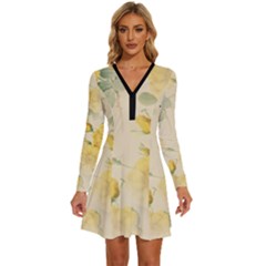 Flowers-104 Long Sleeve Deep V Mini Dress  by nateshop