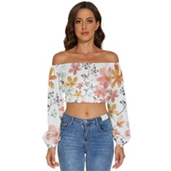 Flowers-107 Long Sleeve Crinkled Weave Crop Top by nateshop