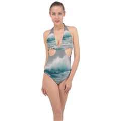 Big Storm Wave Halter Front Plunge Swimsuit by Semog4