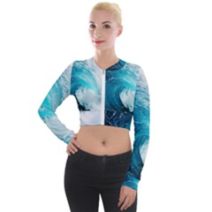 Tsunami Big Blue Wave Ocean Waves Water Long Sleeve Cropped Velvet Jacket by Semog4