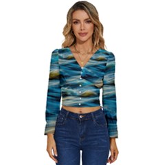 Waves Abstract Waves Abstract Long Sleeve V-neck Top by Semog4