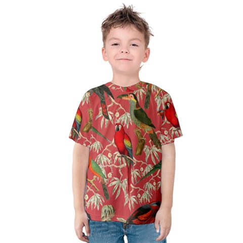 Vintage Tropical Birds Pattern In Pink Kids  Cotton Tee by CCBoutique