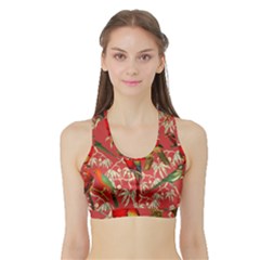 Vintage Tropical Birds Pattern In Pink Sports Bra With Border by CCBoutique