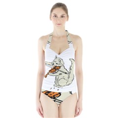 Cat Playing The Violin Art Halter Swimsuit by oldshool