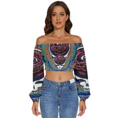 Grateful Dead Skull Rose Long Sleeve Crinkled Weave Crop Top by Semog4