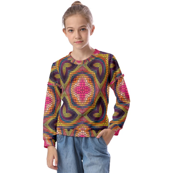 Kaleidoscope Art Pattern Ornament Kids  Long Sleeve Tee with Frill 