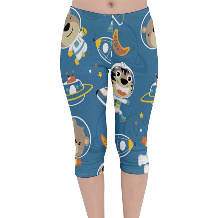 Seamless Pattern Funny Astronaut Outer Space Transportation Velvet Capri Leggings 