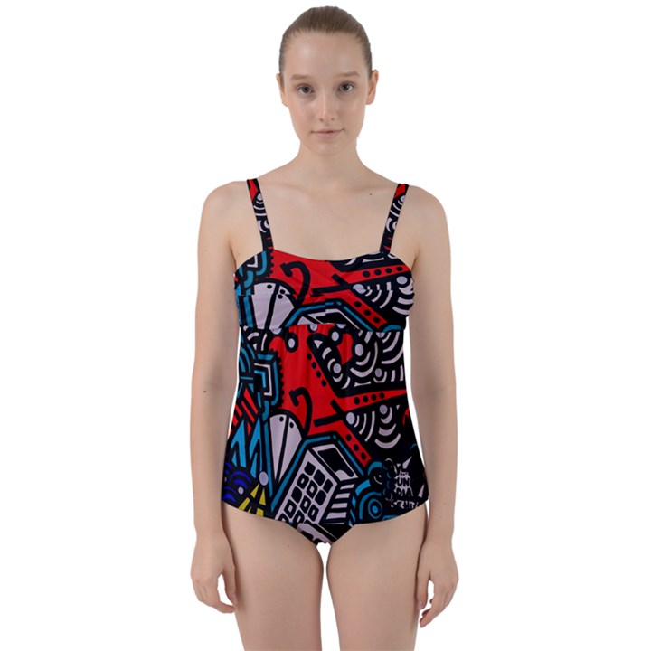 Multicolored Doodle Art Street Art Twist Front Tankini Set