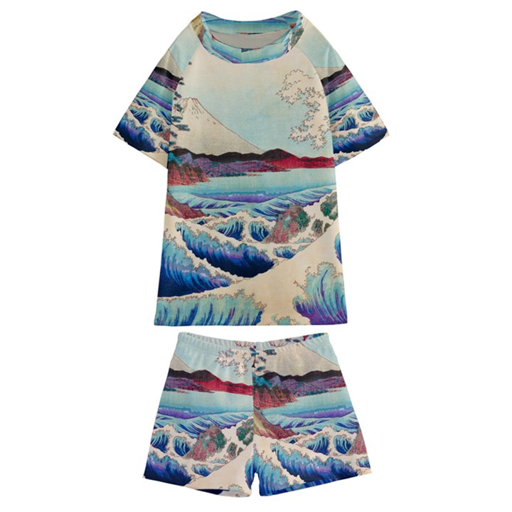 Wave Japanese Mount Fuji Woodblock Print Ocean Kids  Swim Tee and Shorts Set