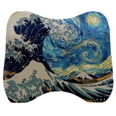 Starry Night Hokusai Van Gogh The Great Wave Off Kanagawa Velour Head Support Cushion by Sudheng