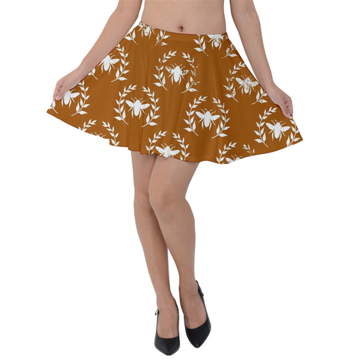 Brown Golden Bees Velvet Skater Skirt