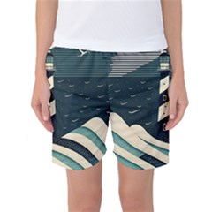 Lighthouse Abstract Ocean Sea Waves Water Blue Women s Basketball Shorts by Wegoenart