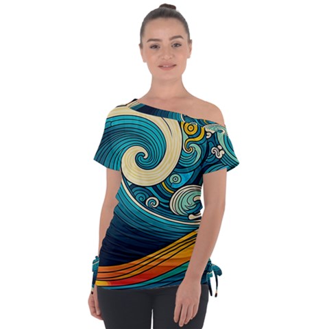 Waves Ocean Sea Abstract Whimsical Abstract Art 3 Off Shoulder Tie-up Tee by Wegoenart