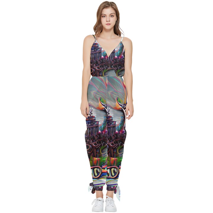 Abstract Art Psychedelic Art Experimental Sleeveless Tie Ankle Chiffon Jumpsuit