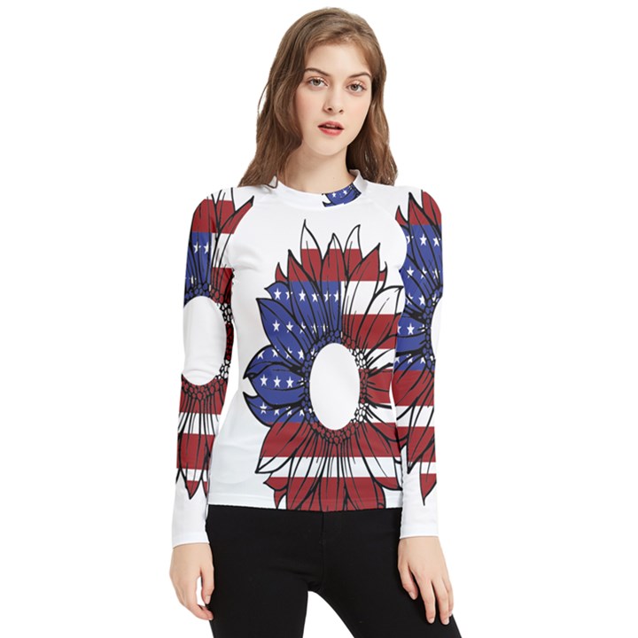 Us Flag Flower Sunshine Flag America Usa Women s Long Sleeve Rash Guard