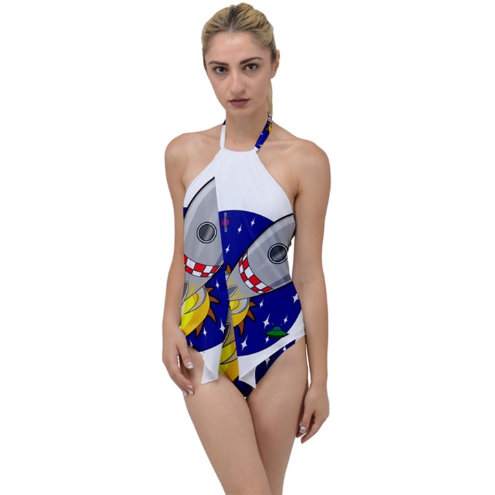 Rocket Ship Launch Vehicle Moon Go with the Flow One Piece Swimsuit