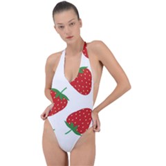 Seamless Pattern Fresh Strawberry Backless Halter One Piece Swimsuit by Salman4z