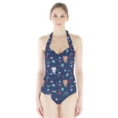 Cute Astronaut Cat With Star Galaxy Elements Seamless Pattern Halter Swimsuit by Salman4z