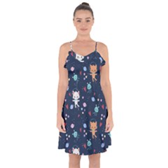 Cute Astronaut Cat With Star Galaxy Elements Seamless Pattern Ruffle Detail Chiffon Dress by Salman4z