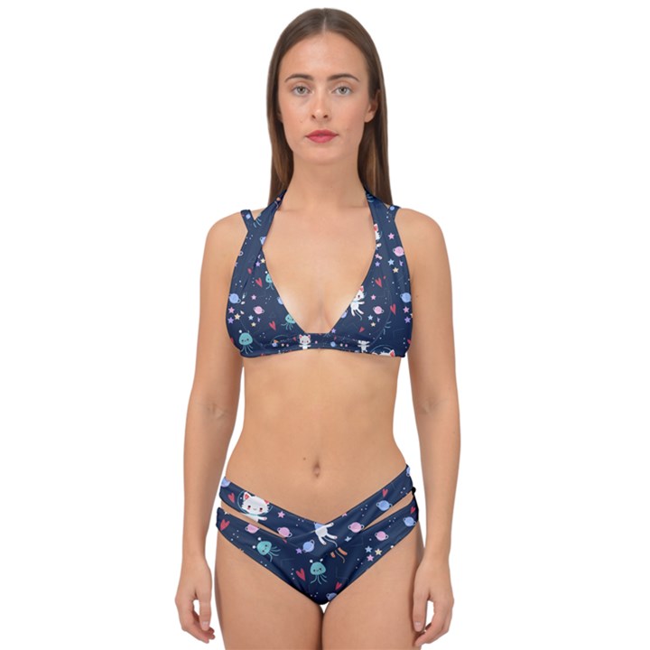 Cute Astronaut Cat With Star Galaxy Elements Seamless Pattern Double Strap Halter Bikini Set