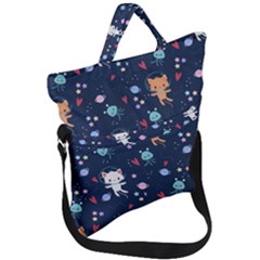 Cute Astronaut Cat With Star Galaxy Elements Seamless Pattern Fold Over Handle Tote Bag by Salman4z