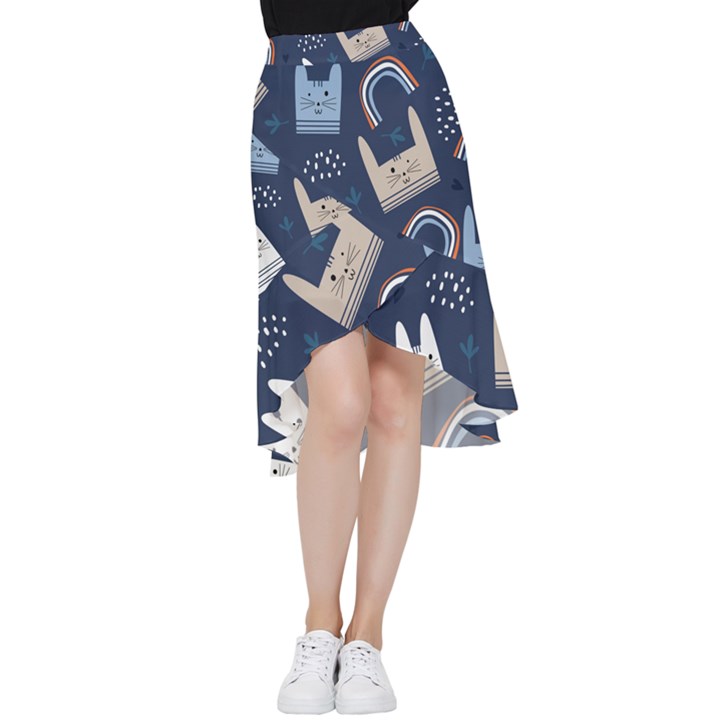 Colorful Cute Cat Seamless Pattern Frill Hi Low Chiffon Skirt