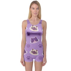 Cute Colorful Cat Kitten With Paw Yarn Ball Seamless Pattern One Piece Boyleg Swimsuit by Salman4z