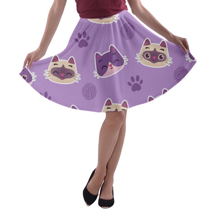 Cute Colorful Cat Kitten With Paw Yarn Ball Seamless Pattern A-line Skater Skirt