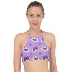 Cute Colorful Cat Kitten With Paw Yarn Ball Seamless Pattern Racer Front Bikini Top by Salman4z