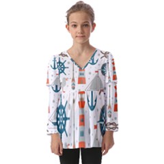 Nautical Elements Pattern Background Kids  V Neck Casual Top by Salman4z