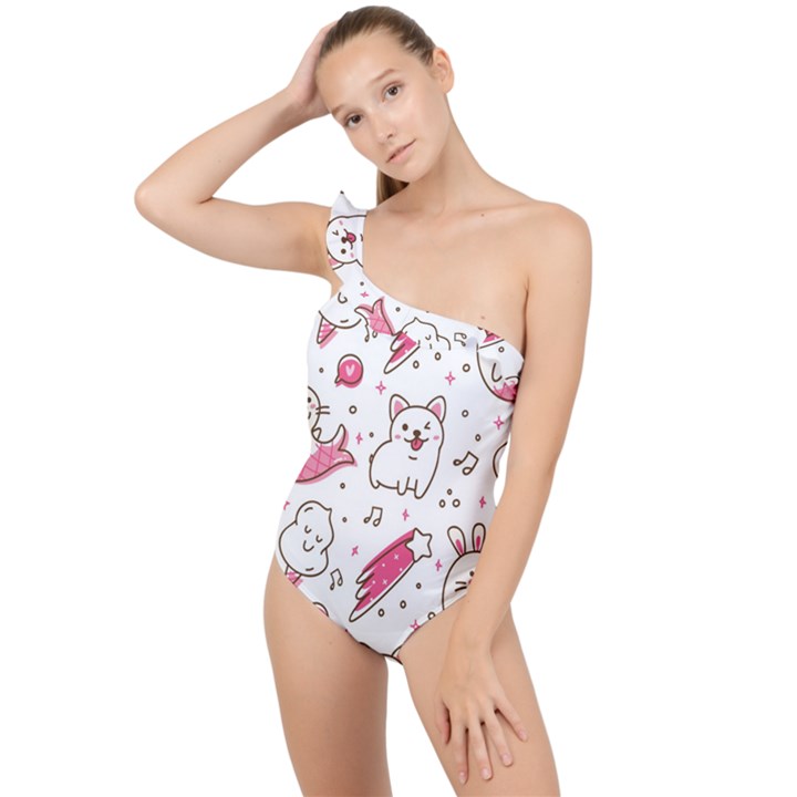 Cute Animal Seamless Pattern Kawaii Doodle Style Frilly One Shoulder Swimsuit