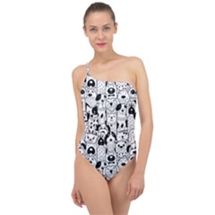 Seamless-pattern-with-black-white-doodle-dogs Classic One Shoulder Swimsuit by Salman4z