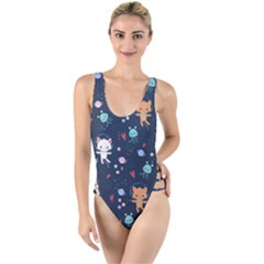 Cute-astronaut-cat-with-star-galaxy-elements-seamless-pattern High Leg Strappy Swimsuit by Salman4z