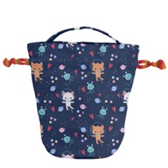 Cute-astronaut-cat-with-star-galaxy-elements-seamless-pattern Drawstring Bucket Bag by Salman4z