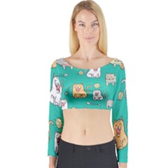 Seamless-pattern-cute-cat-cartoon-with-hand-drawn-style Long Sleeve Crop Top by Salman4z