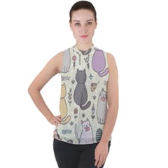 Funny Cartoon Cats Seamless Pattern Mock Neck Chiffon Sleeveless Top by Salman4z