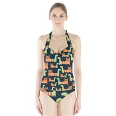 Seamless-pattern-with-cats Halter Swimsuit by Salman4z