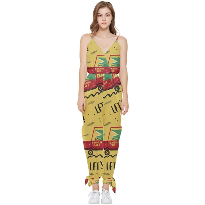 Childish-seamless-pattern-with-dino-driver Sleeveless Tie Ankle Chiffon Jumpsuit