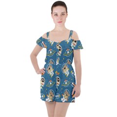 Seamless-pattern-funny-astronaut-outer-space-transportation Ruffle Cut Out Chiffon Playsuit by Salman4z