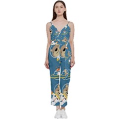 Seamless-pattern-funny-astronaut-outer-space-transportation V-neck Spaghetti Strap Tie Front Jumpsuit by Salman4z