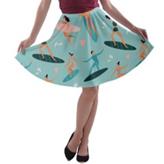 Beach-surfing-surfers-with-surfboards-surfer-rides-wave-summer-outdoors-surfboards-seamless-pattern- A-line Skater Skirt by Salman4z