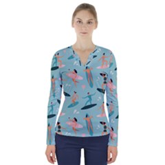 Beach-surfing-surfers-with-surfboards-surfer-rides-wave-summer-outdoors-surfboards-seamless-pattern- V-neck Long Sleeve Top by Salman4z