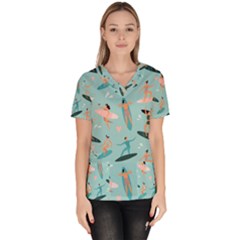 Beach-surfing-surfers-with-surfboards-surfer-rides-wave-summer-outdoors-surfboards-seamless-pattern- Women s V-neck Scrub Top by Salman4z