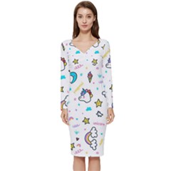 Unicorns-rainbows-seamless-pattern Long Sleeve V-neck Bodycon Dress  by Salman4z