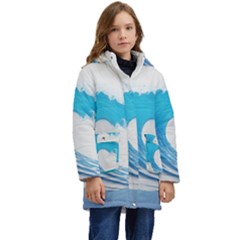 Wave Tsunami Tidal Wave Ocean Sea Water Kids  Hooded Longline Puffer Jacket by Ravend