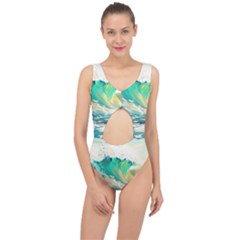 Waves Ocean Sea Tsunami Nautical Painting Center Cut Out Swimsuit by Ravend