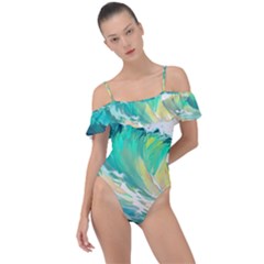 Waves Ocean Sea Tsunami Nautical Painting Frill Detail One Piece Swimsuit by Ravend