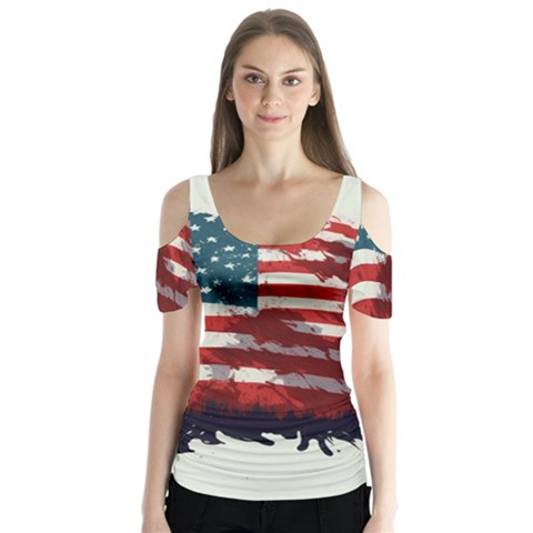 Patriotic Usa United States Flag Old Glory Butterfly Sleeve Cutout Tee  by Ravend