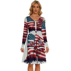 Patriotic Usa United States Flag Old Glory Long Sleeve Dress With Pocket by Ravend