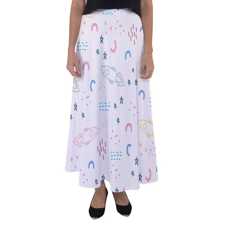 Spaceship Pattern Star Flared Maxi Skirt